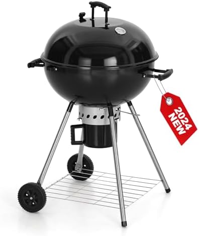 GREEN PARTY 22 inch Kettle Charcoal BBQ Grill with Wheels, Portable Charcoal Grill with Porcelain-Enameled Lid & Ash Catcher for Outdoor Cooking Barbecue Camping Picnics Tailgating