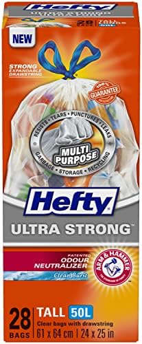 Hefty® Garbage Bags, Ultra Strong Tall 50 Litres Clear Recycling, Drawstring, Arm & Hammer odour neutralizer, 28 Bags