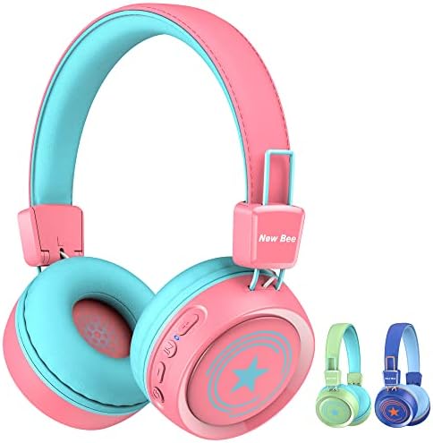 New bee Kids Bluetooth Headphones with Microphone Bluetooth 5.0 Wireless Kids Headphones with 32H Playtime/94dB Volume Limited On Ear Headphones for School/Girls/Boys/iPad/Fire Tablet(Pink)