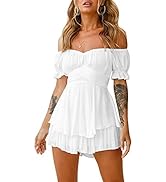 Fixmatti Women Boho Romper Off Shoulder Ruffle Chiffon Shorts Jumpsuit Playsuits