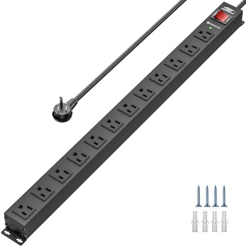 CRST 12 Outlet Metal Long Power Strip, Heavy Duty Surge Protector Mountable Power Strip,2100J,Wide Spaced, 6Ft Cord (15A/1875W)