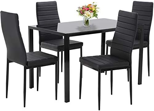 PayLessHere Dining Room Table Set 5-Piece Kitchen with 4 Faux Leather Metal Frame Chairs Rectangular Modern for Small Spaces w/Glass Tabletop Kitchen Table and Chairs, Black Glass