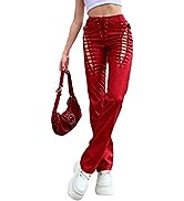 xxxiticat Women's Lace Up PU Leather Pants Chic High Waist Hollow Out Drawstring Bandage Cut Out ...