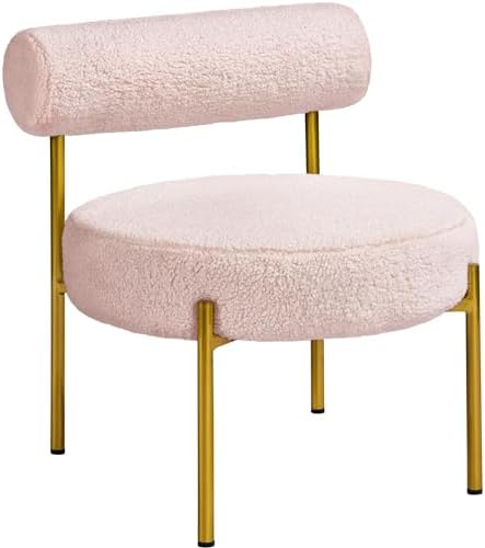 Yaheetech Boucle Vanity Chair, Modern Tufted Accent Chair, Cozy Sherpa Barrel Chair with Gold Legs, Club Chair for Living Room Bedroom Makeup Room Home Office, Pink