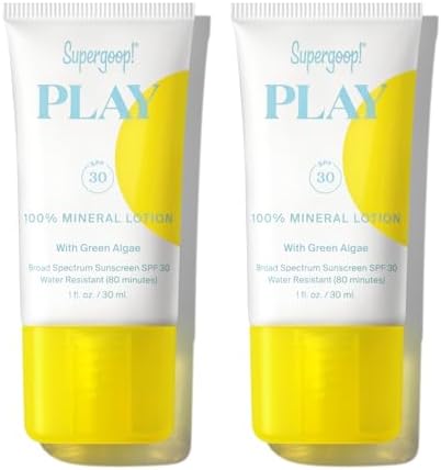 Supergoop! PLAY 100% Mineral Lotion - 1 fl oz, Pack of 2 - Broad Spectrum SPF 30 Sunscreen for Face & Body - Lightweight, Fast Absorbing, Water Resistant - With Green Algae