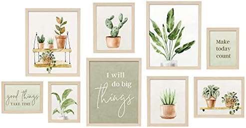 ArtbyHannah 9 Pack Gallery Wall Frame Set Picture Frames Collage Wall Decor with Green Potted Botanical Plants and Inspirational Saying, Multi Size, Extra Pictures Set
