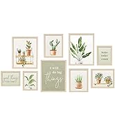 ArtbyHannah 9 Pack Natural Color Gallery Wall Frame Set with Green Potted Botanical Plants and In...