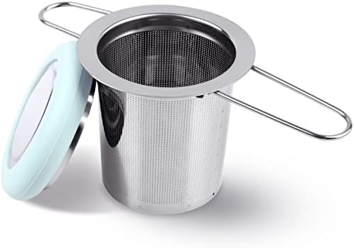 Fenshine Tea Infuser Stainless Steel Tea Strainer Folding Handle Tea Filter Extra Fine Mesh Strainer Brewing Basket with Lid for Loose Leaf Tea (Light Blue) …