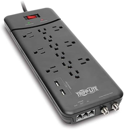 Tripp Lite TLP128TTUSBB 12 Outlet Surge Protector Power Strip, 2 USB Charging Ports, Tel/Modem/Coax Protection, 8ft Cord Right Angle Plug, Black, Lifetime Insurance & $150K Insurance