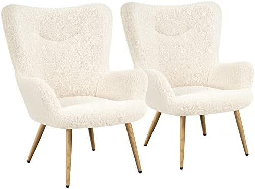 Yaheetech Boucle Accent Chair, Modern Fluffy Sherpa Armchair with High Back and Wood-tone Metal Legs, Fuzzy Barrel Chair for Living Room Bedroom Home Office, Ivory, 2pcs