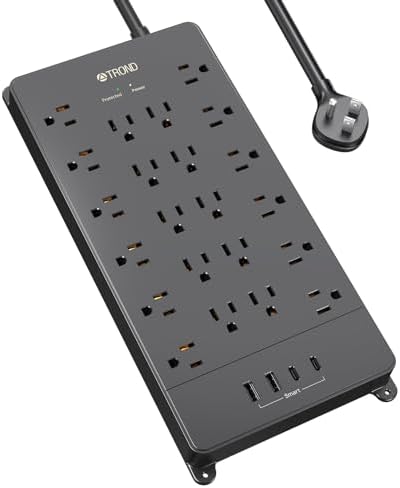 TROND Surge Protector Power Strip with USB C Ports, 5ft Extension Cord with Multiple Outlets, 22 AC Outlets and 4 USB Ports, 4000J, Flat Plug, Heavy Duty, Wall Mount, Under Desk, ETL Listed, Black