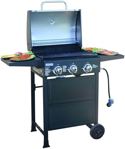 ChuMaste 3-Burner Propane Grill, Gas Grill, 30000 BTU barbecue grill with Foldable Rack (Reversible Table)