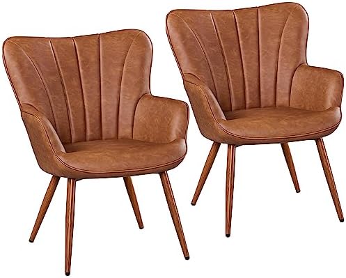 Yaheetech PU Leather Armchair, Modern Accent Chair with Metal Legs, Comfy Upholstered Barrel Chair for Living Room Bedroom Vanity Room, Brown, 2pcs