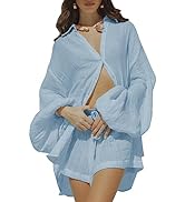 Fixmatti Women 2 Piece Outfits Summer Shorts Sets Lantern Sleeve Button Down Shirt and Shorts Swe...