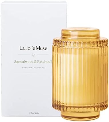 LA JOLIE MUSE Sandalwood & Patchouli Scented Candle, Candles for Home Scented, Luxury Glass Jar Candles for Gift and Home Decor, 80 Hours Long Burning, 12.3oz