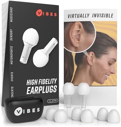 Vibes High Fidelity Concert Ear Plugs, Invisible Earplugs for Musicians, Motorcycles, Airplanes, Raves, Work - Noise Reduction 15 NRR and Hearing Protection -22dB - Fits All Ears (Clear)