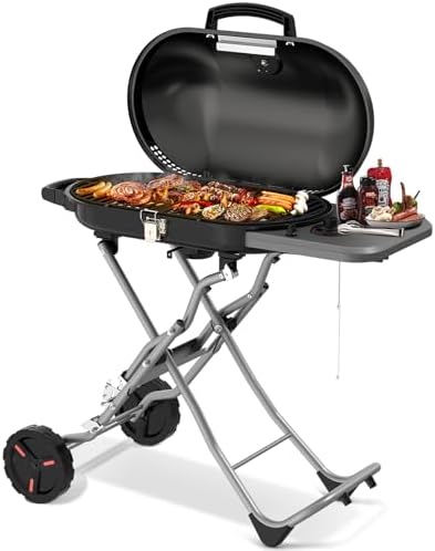 Portable Propane Gas Grill,15,000 BTU BBQ Grill with Top Cover Lid, 406 sq.in. Grilling Areas, 2 Wheels, Built-in Thermometer, Barbecue Gas Grill for Patio,Party,Black