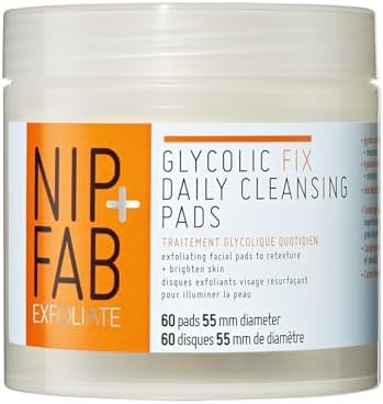 Nip + Fab Glycolic Acid Fix Daily Cleansing Pads for Face with Hyaluronic Acid, Witch Hazel, Exfoliating Resurfacing AHA Facial Cleanser for Exfoliation Even Skin Tone Brighten Skin, 60 Pads