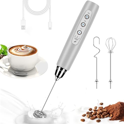 BSRGMS Milk Frother Handheld for Coffee, Electric Whisk 3 Speed Adjustable, Drink Mixer with Stainless 3 Whisks, Rechargeable Hand Frother Wand, Foam Maker for Latte Cappuccino Matcha Egg Silver