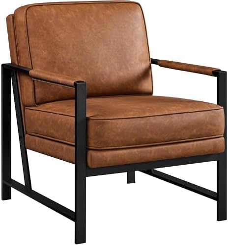 Yaheetech PU Leather Armchair, Retro Leisure Accent Chair with Extra Soft Padded and Cushion, Modern Reading Arm Chair with Black Metal Frame for Living Room/Office/Bedroom/Study, Light Brown
