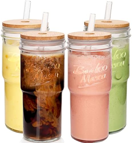 ANOTION Glass Cups with Lids and Straws 4 Packs, 24oz Travel Coffee Mug Wide Mouth Mason Jar Iced Coffee Cup Smoothie Cup Glass Tumbler Tea Cup Clear Cute Water Cups Drinking Jars Glasses