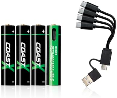 Coast AAA USB-C Rechargeable Batteries, ZITHION-X, Lithium Ion 1.5v 750 mAh, Long Lasting, Charges Under 1.3 Hours, Charging Cable Included, 4-Battery Pack