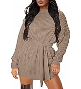 ZESICA Women's Long Sleeve Solid Color Waffle Knitted Tie Waist Tunic Pullover Sweater Dress