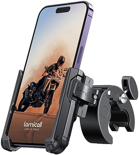 Lamicall Motorcycle Phone Mount Holder - [Camera Friendly] [1s Lock] Bike Phone Holder Handlebar Clamp, Bicycle Scooter Phone Clip, for iPhone 15 Pro Max, 14 13 Mini, 2.4~3.54" Wide Phones, Black