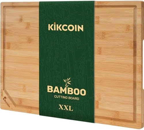 Bamboo Cutting Boards for Kitchen, Extra Large Wood Cutting Board with Deep Juice Groove and Handle Heavy Duty Chopping board, Kikcoin, 20" x 14"