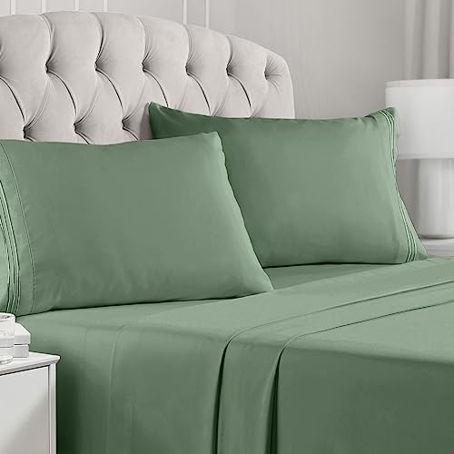 Mellanni Queen Sheets Set - 4 PC Iconic Collection Bedding Sheets & Pillowcases - Hotel Luxury, Extra Soft, Cooling Bed Sheets - Deep Pocket up to 16 inch (Queen, Sage)