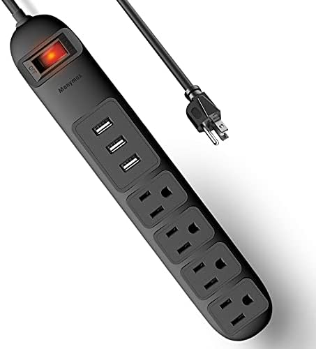 Power Strip Surge Protector with 4 AC Outlets & 3 USB Ports, Manymax 6 Ft Extension Cord, 1050J Surge Protection, Overload Protection (125V/15A/1875W), Wall Mount for Home, Office, Dorm-Black (1 Pack)