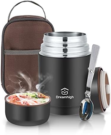 Dreamhigh® Boîte Alimentaire Isotherme 800ml avec Sac à Lunch, Thermo Isolant Contenant avec Cuillère, Thermos Alimentaire Chaud sans BPA, pour Ecole, Bureau, Camping (Noir)