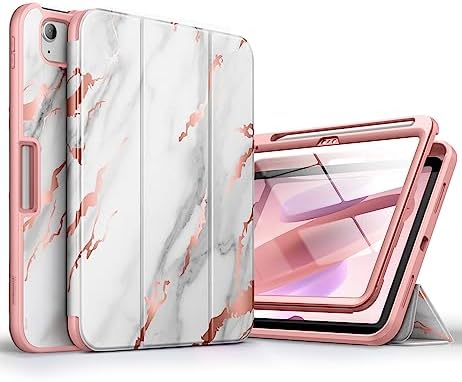 SURITCH Leather Case for iPad 10th Generation Case with Screen Protector 10.9 Inch 2022 Case with Pencil Holder Magnet Tri-fold Stand Cover Auto Wake/Sleep Shockproof Protection, White Marble