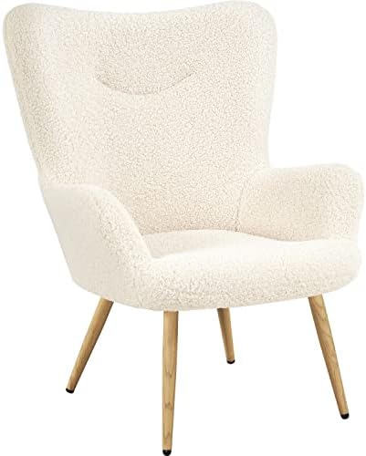 Yaheetech Boucle Vanity Chair, Modern Fluffy Accent Chair, Armchair with High Back and Wood-Tone Metal Legs, Downy Barrel Chair Soft Backrest for Living Room Bedroom Home Office, Ivory