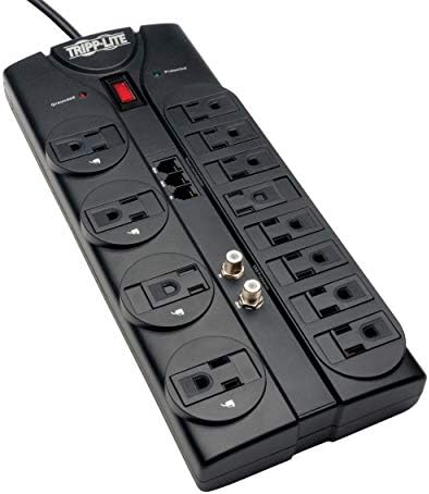 Tripp Lite TLP1208TELTV 12 Outlet Surge Protector Power Strip, 8ft Cord, Right-Angle Plug, Tel/Modem/Coax Protection, RJ11, & Dollar 150,000 Insurance Black