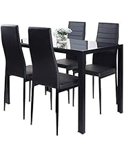 JE Dining Table Chairs Set of 4. Black Dining Room Kitchen Set, Glass Large Table with 4 High Back Chairs