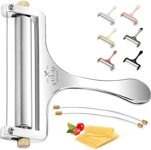 Zulay Kitchen Stainless Steel Wire Cheese Slicer - Adjustable Hand Held Cheese Cutter with 2 Extra Wires - Premium Cheese Shaver for Mozzarella, Cheddar, Gruyere - Cheese Cutter with Wire (Silver)