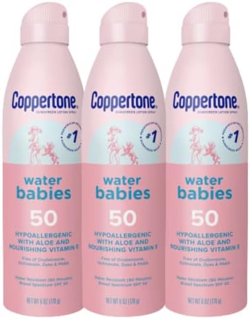 Coppertone Water Babies Sunscreen Lotion Spray SPF 50, Pediatrician Recommended Baby Sunscreen Spray, Water Resistant Sunscreen for Babies, Bulk Sunscreen, 6 Oz, Pack of 3