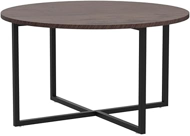 BOFENG Round Coffee Table Tea Table End Table Sofa Table for Living Room with Metal Legs, Black+Brown oak