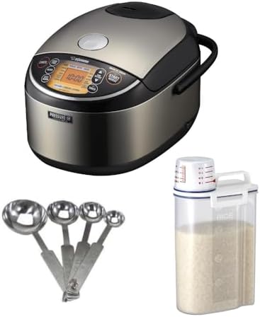 Zojirushi Pressure Induction Heating 10-Cup Rice Cooker/Warmer with Stainless Steel Measuring Spoon Set and Compact Rice Container Bin (3 Items)