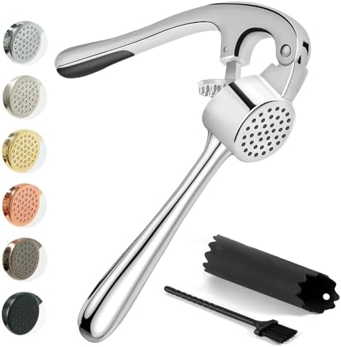 Kitessensu High Effective Premium Garlic Press Set, With Silicone Garlic Peeler & Brush, Heavy Duty Garlic Mincer, Easy to Squeeze and Clean, Rust Proof & Dishwasher Safe - Gloss Silver