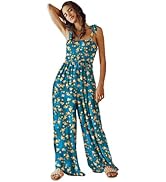 YESNO Women's Casual Overalls Summer Tie Shoulder Smocked Floral Wide Leg Jumpsuits Baggy Rompers...