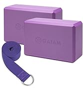 Gaiam Essentials Yoga Block 2 Pack & Yoga Strap Set, Deep Purple, 9"W x 6"H x 4"D