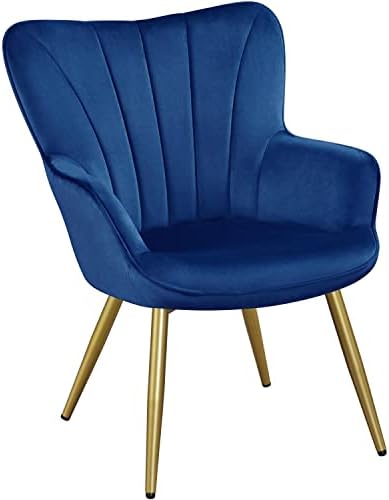 Yaheetech Velvet Accent Chair, Modern Armchair Vanity Chair with Wing Side and Metal Legs, Cozy and Soft Padded and High Back for Living Room/Home Office/Bedroom, Blue