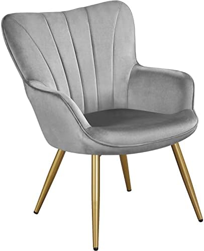 Yaheetech Velvet Accent Chair, Modern Vanity Chair Armchair with Wing Side and Metal Legs, Cozy and Soft Padded and High Back for Living Room/Home Office/Makeup/Bedroom, Light Gray