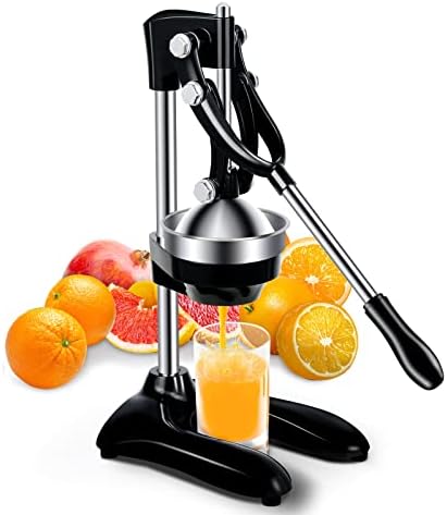 TONGCHANT Extra Tall Cast Aluminum Orange Juicer Squeezer with Bigger Funnel, Fit for Large Fruits, Commercial Heavy Duty Manual Juicer, Stainless Steel Orange Juicer, Sturdy Citrus Press (Black)
