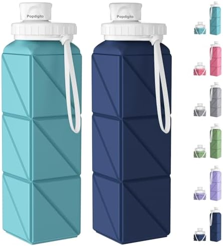 Popdigito 2 pack Collapsible Water Bottles Leakproof Cup –Food-Grade BPA-Free Silicone Travel Bottles–Foldable Water Bottle 610ml for Travel Gym,Hiking,Sports,Camping,Biking School Portable Reusable