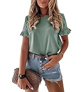 PRETTYGARDEN Women's Short Sleeve Casual T Shirts Summer Ruffle Plain Round Neck Loose Fit Tee Bl...