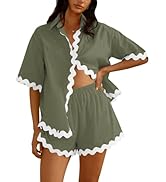 Fixmatti Women Two Piece Summer Sets Short Sleeve Button Down Shirts Shorts