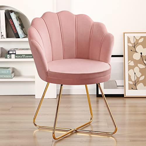 Furnimart Vanity Chair with Back, Velvet Shell Accent Chair for Living Room, Criss Cross Chair with Gold Legs, Makeup Chair for Bedroom Desk Chair no Wheels, Pink